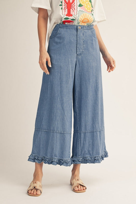 Ruffle Hem Detail Washed Denim Pants