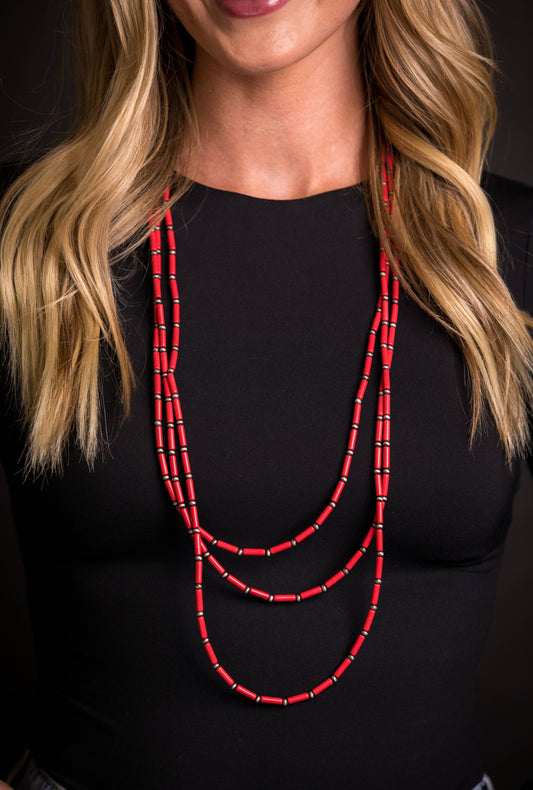 30"",32"",36"" 3 Strand Red Tube Bead & Faux Navajo Necklace