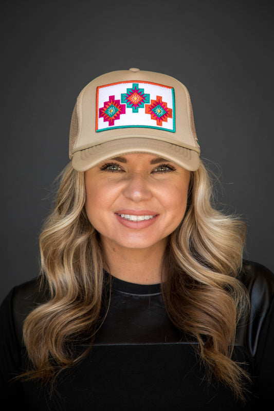 Khaki Trucker Cap with 3 Aztec symbol Embroidered Patch