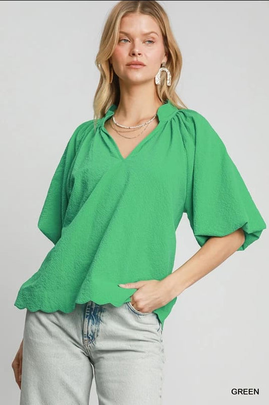 Green Bubbled Sleeved Seersucker Top