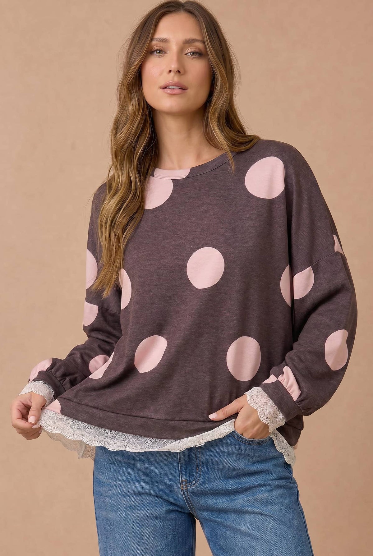 Dot Print Scallop Lace Hem Pullover Top