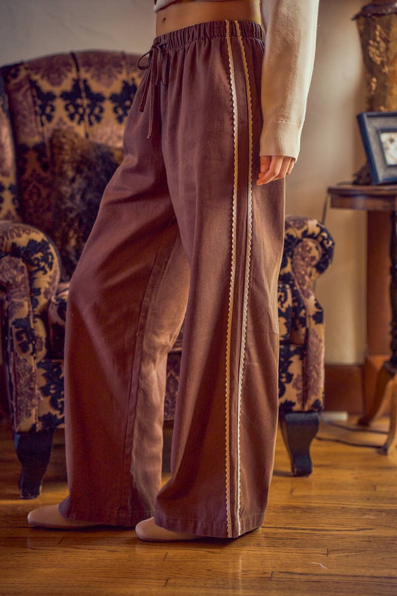 SIDE LACE TRIM COTTON DENIM WIDE LEG PULL ON PANTS