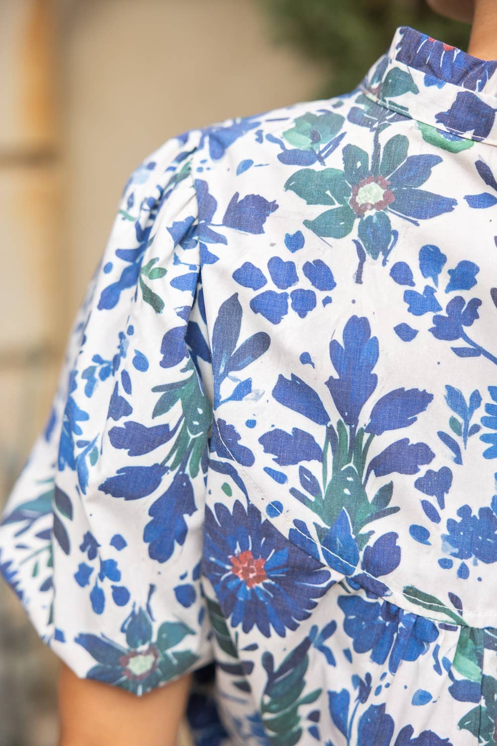 Quarter Button Round Yoke V-Neck Floral Print Top