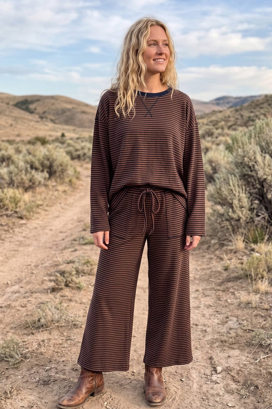Striped Relaxed Top & Wide Leg Pants Knit Set