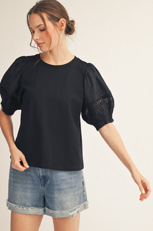 Lace Accent Puff Sleeves Lovely Top
