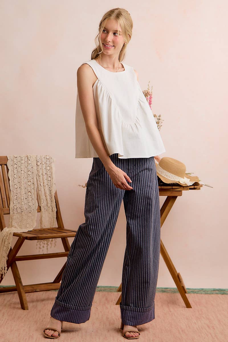 GAME DAY COLOR DENIM RUCHED SLEEVELESS TOP