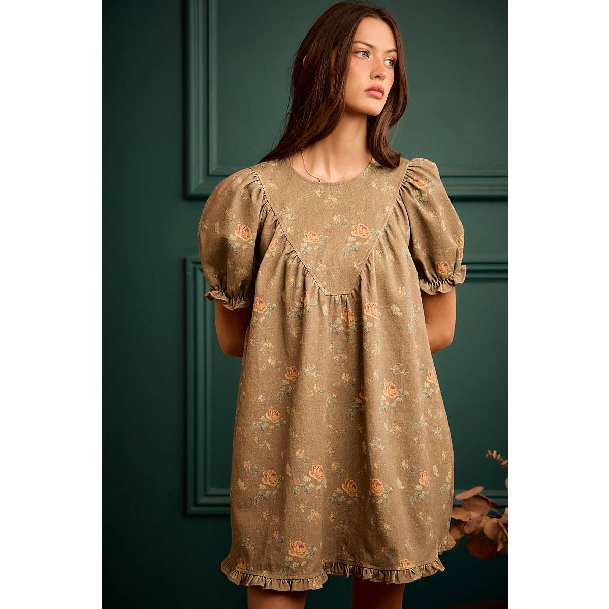 FLORAL RUCHED SHORT PUFF SLEEVE MINI DRESS