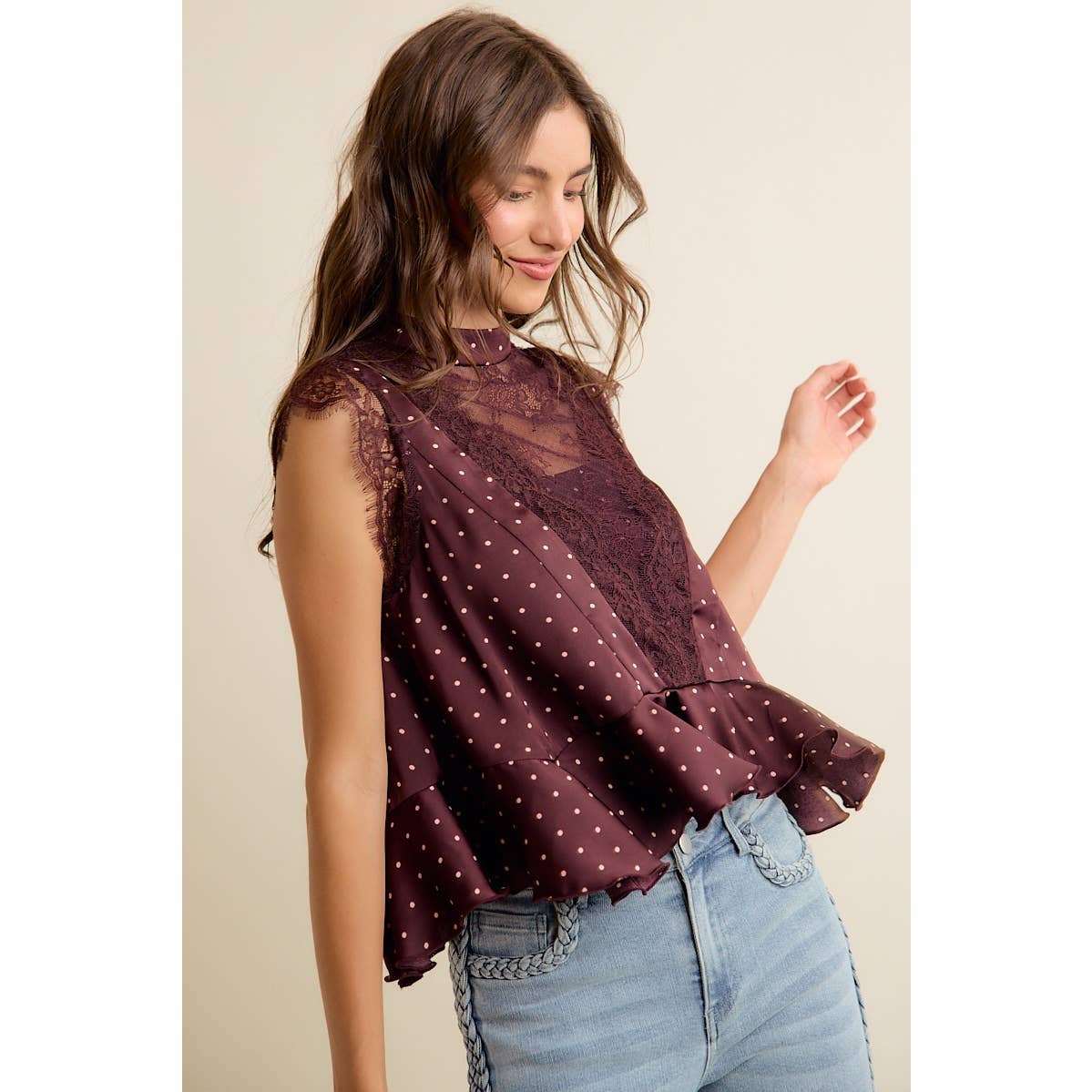 POLKA DOT SATIN LACE TRIM RUFFLED HIGH NECK BLOUSE TOP