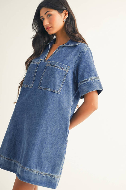 Short Sleeve Collared Patched Pocket Denim Mini Dress