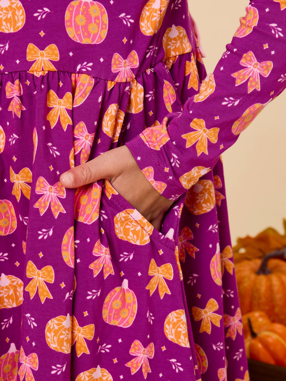 Girls Pumpkin Bow Patch Knit Long Sleeve Twirl Dress