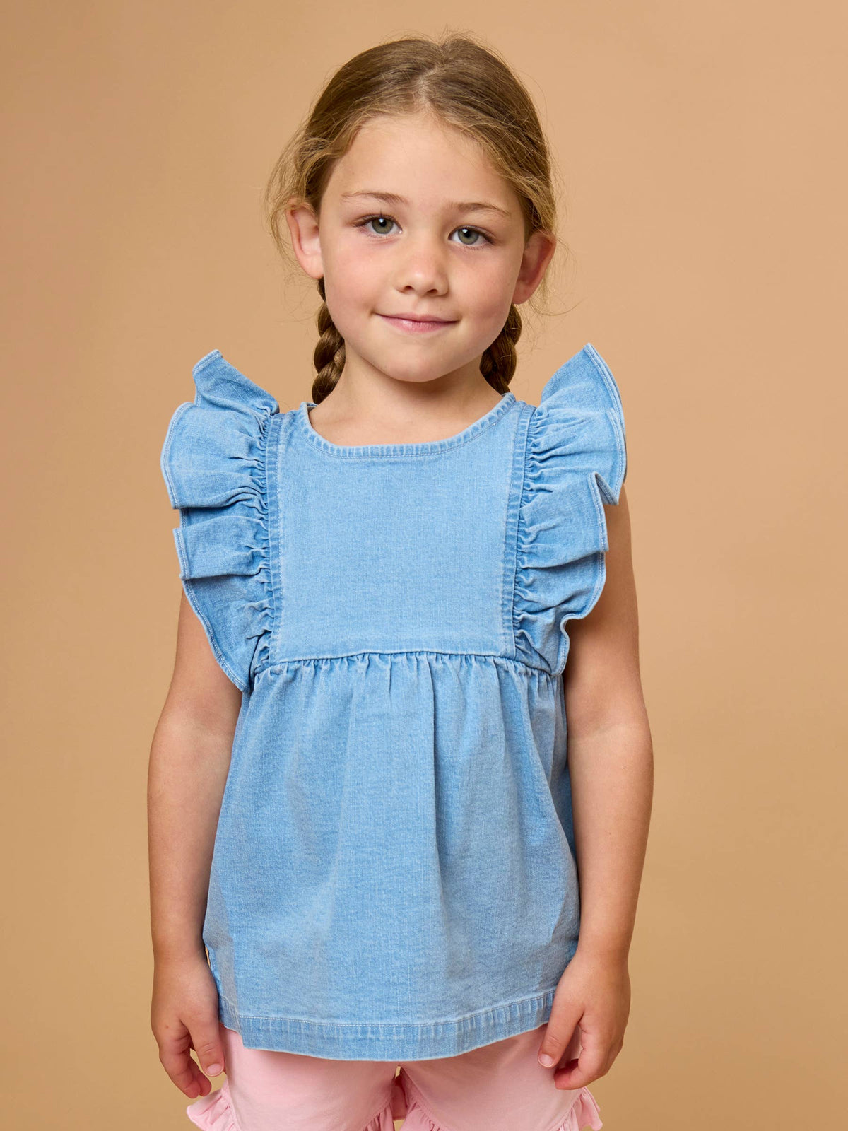 Girls Light Wash Stretch Denim Sleeveless Ruffle Top