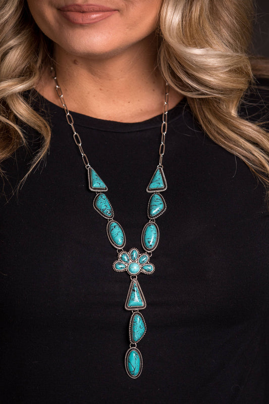 28" w/6.5" Tail Turquoise Multi Shape Concho Lariat Necklace