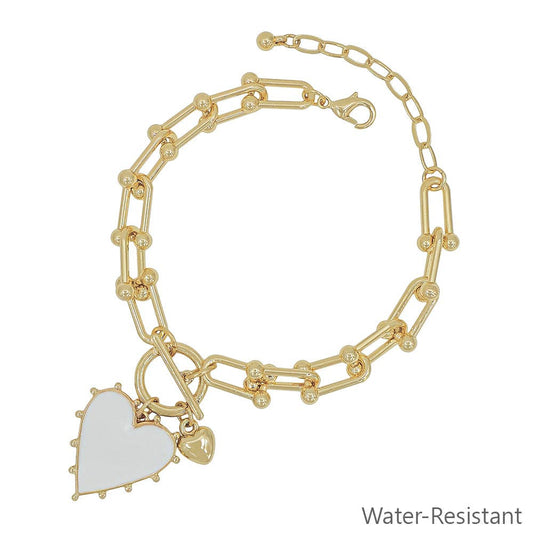 Gold Chain with White Studded Heart Charm Bracelet