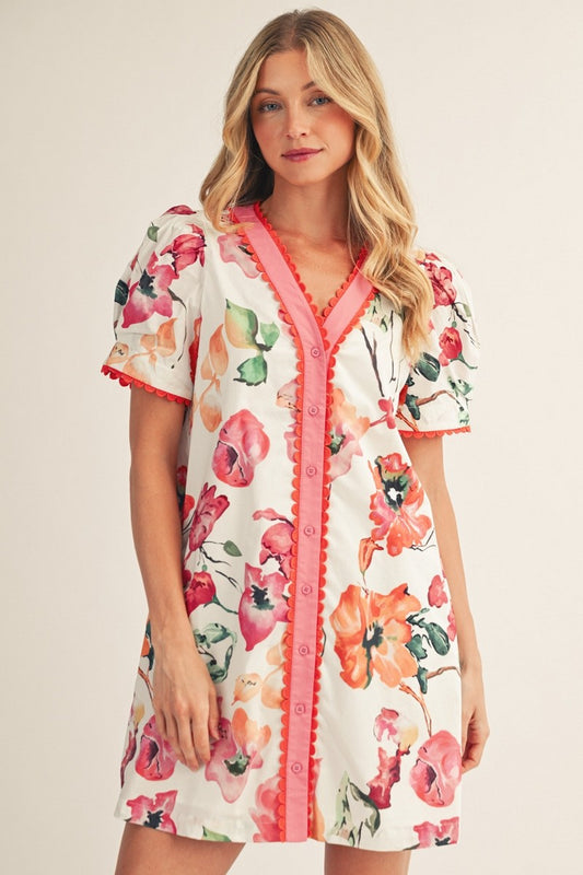 Scallop Trim Accent Floral Shift Dress