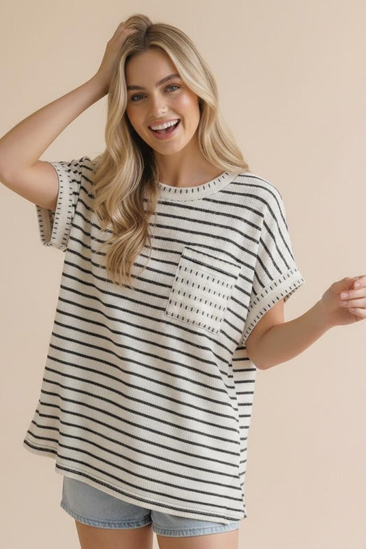 Round Neck Oversized Stripe Knit With Pocket