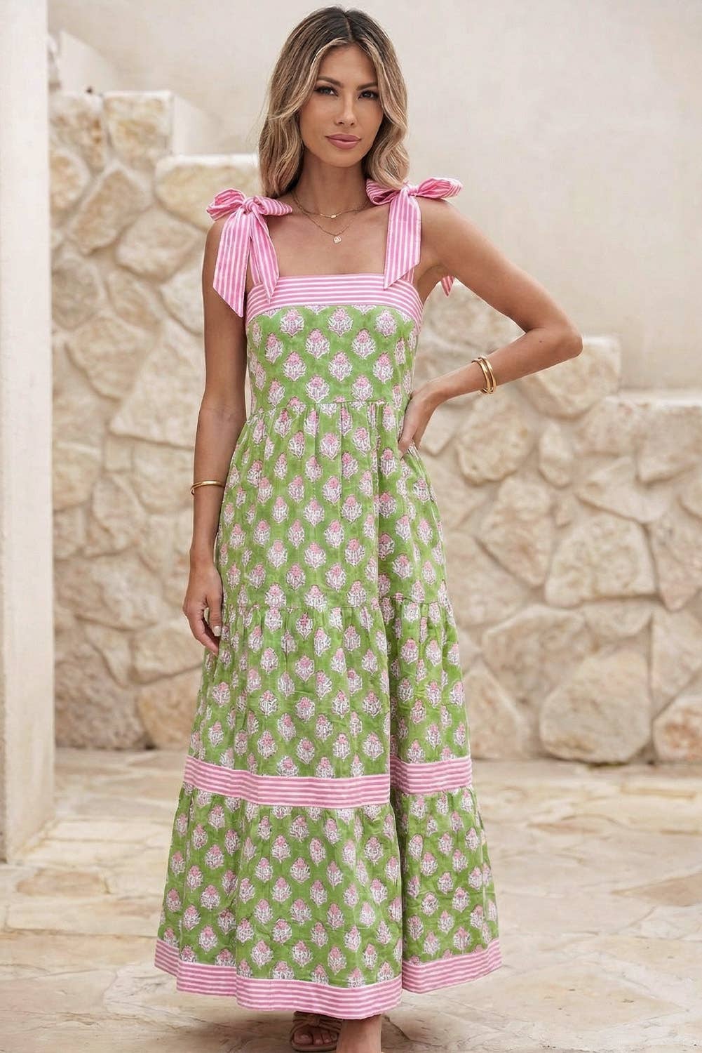 Floral Print Striped Detail Knot Straps Maxi Dress