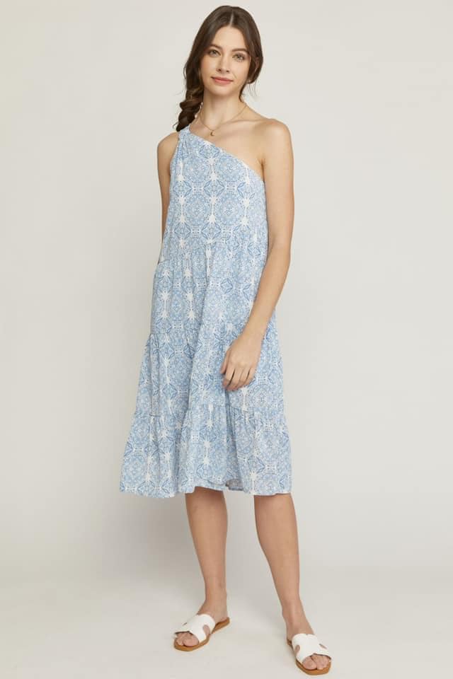 Blue Paisley One Shoulder Dress