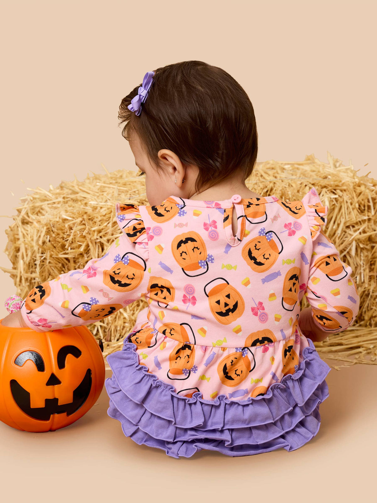Baby Girls Pumpkin Boo Crew Knit Long Sleeve Flutter Bubble Romper