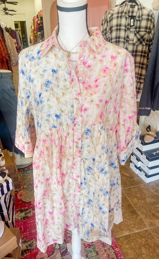 Blue/Pink Floral Button Down Dress