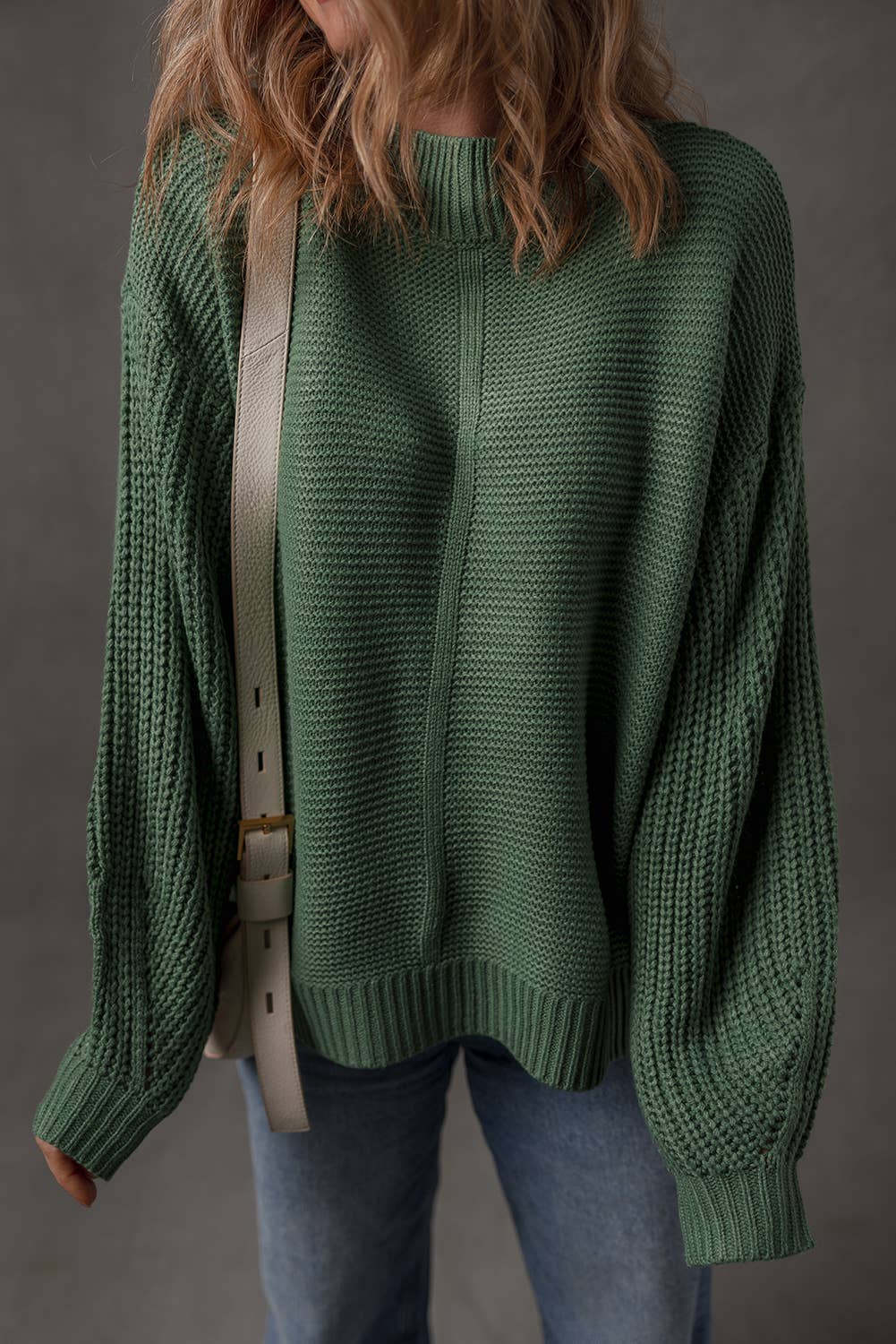 Solid Color Mix Texture Knit Front Seam Detail Sweater