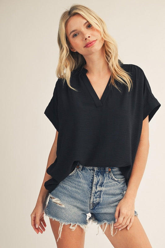 Black Drop Shoulder Solid Crinkled V Neck Top