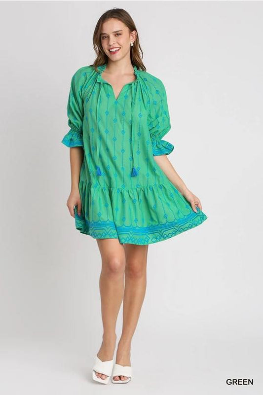 Green Embroidered A Line Dress