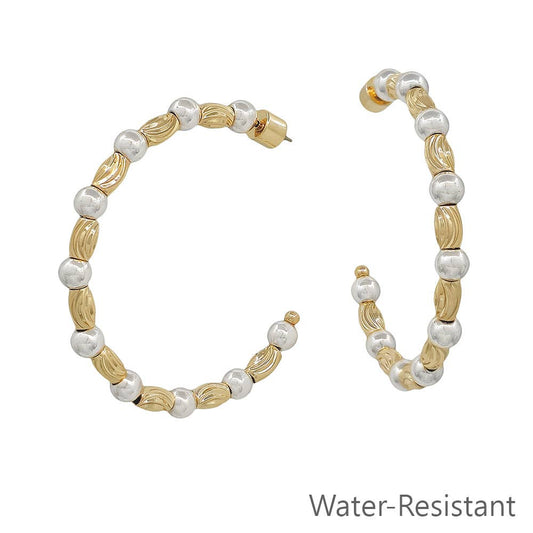 Gold and Silver Textured Oval and Beaded 2" Hoop Earring