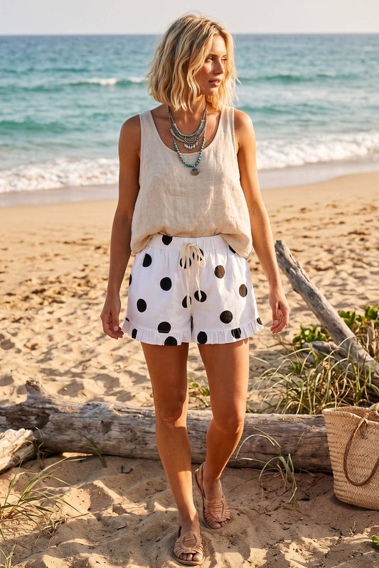 Ruffle Hem Polka Dot Poplin Shorts