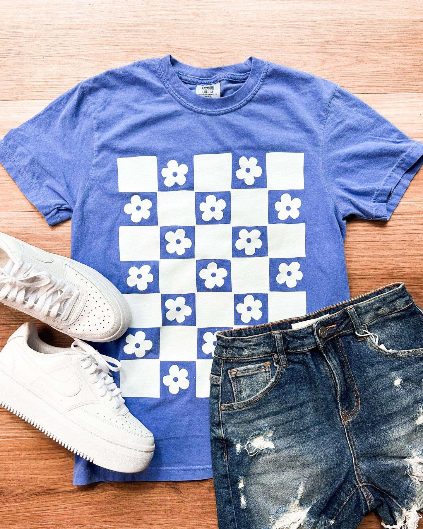 Blue Floral Checkered Tee