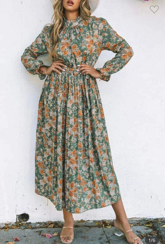 Olive Floral Pleated Maxi Dress