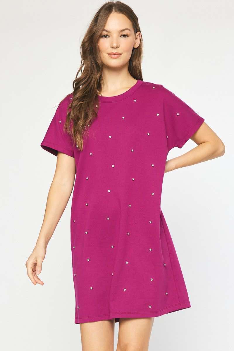 Plum Rhinestone T-shirt Dress