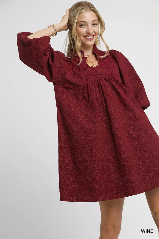 Wine Floral Jacquard Lace Dress