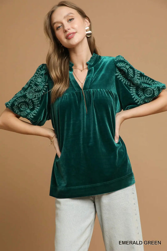 Velvet Embroidered Sleeve Top