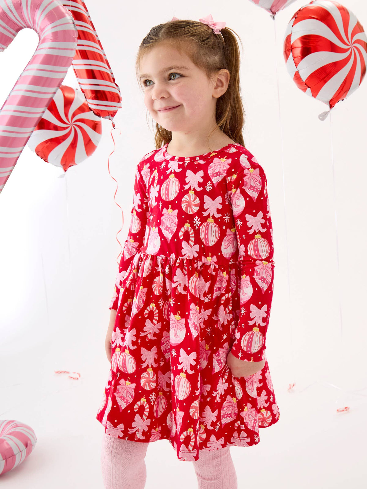 Girls Red Holly Christmas Ornament Bows Knit Long Sleeve Twirl Dress