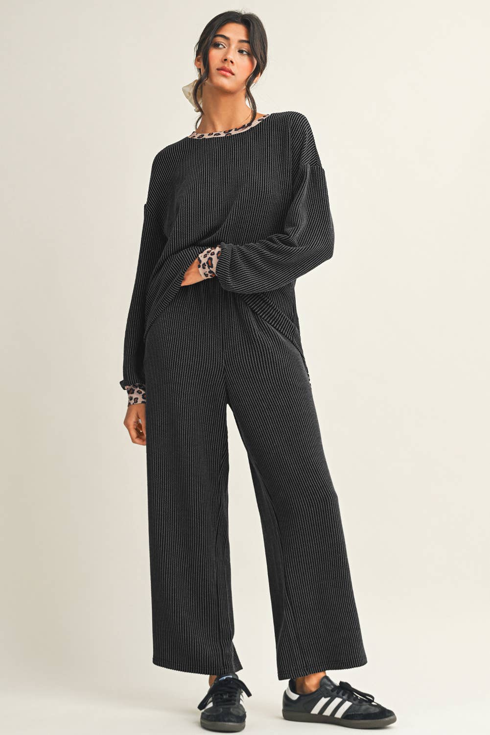 Twisted Rib Leopard Patchwork Detail 2pcs Pant Set