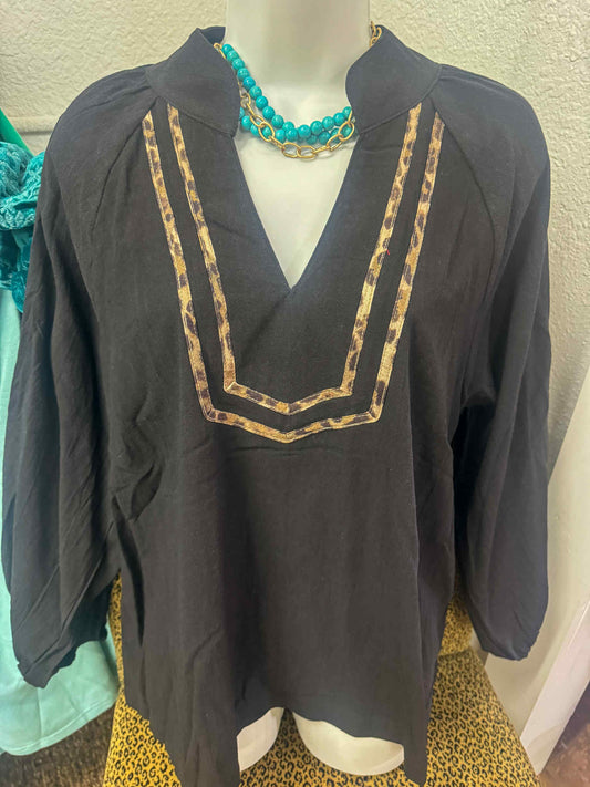 Black Long Sleeve Blouse with Animal Print Trim