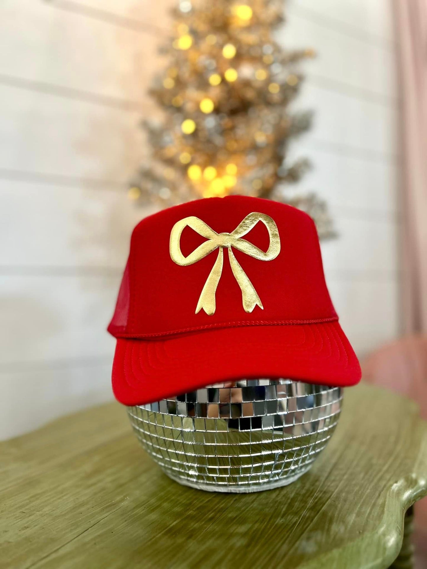 Red Gold Bow Trucker Hat