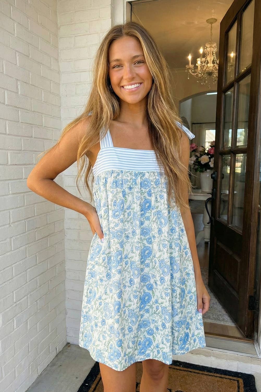 Floral Stripe Patchwork Bow Knot Strap Dress
