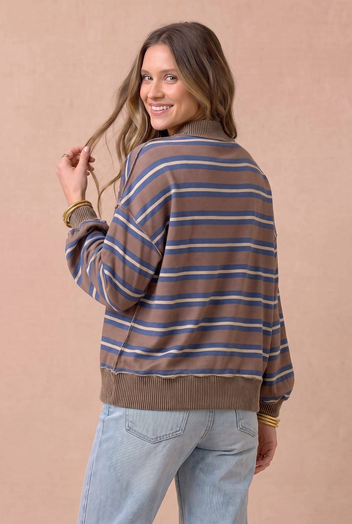 Striped Mock Neck Balloon Sleeve Knit Top
