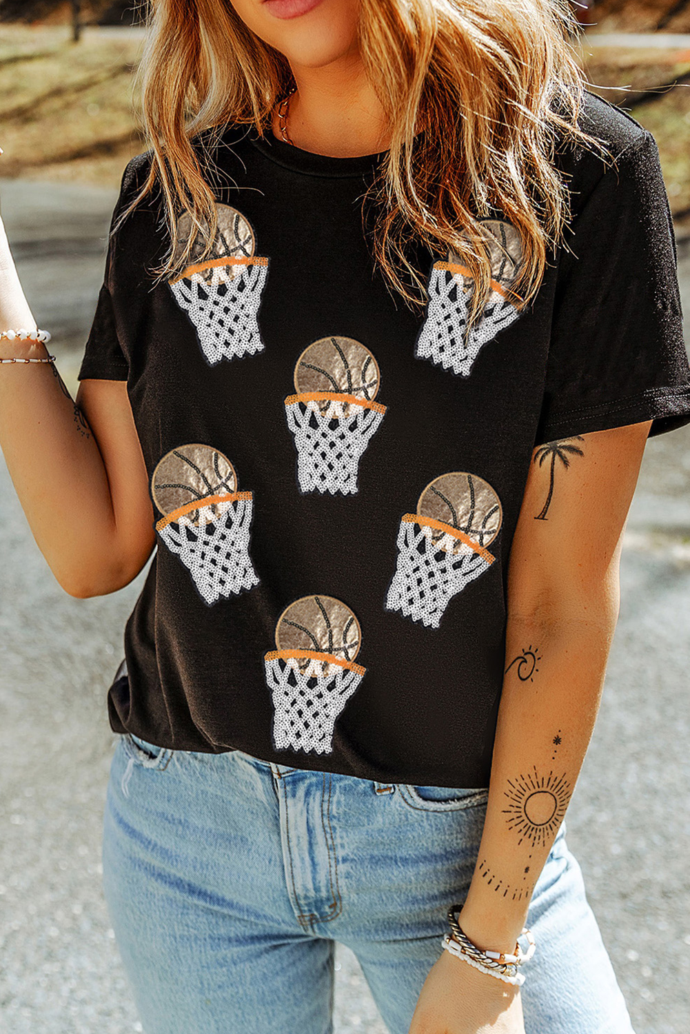 Sequin Basketball Patched Graphic Game Day T Shirt