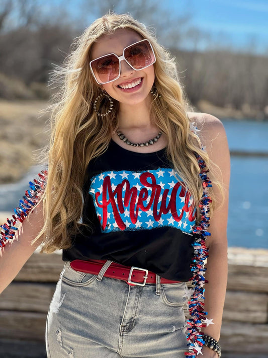 America on Stars in Red Metallic Puff Vneck & Tank