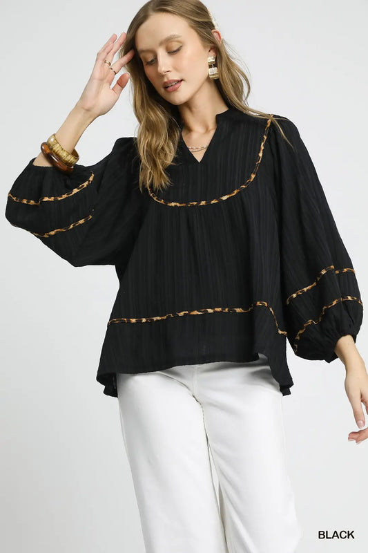 Black Textured 3/4 Sleeve Leopard Contrast Top