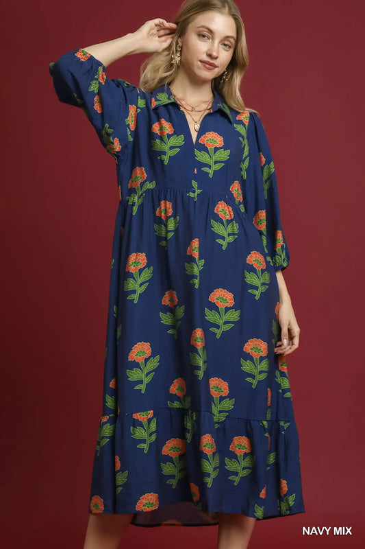 Navy Floral Print Maxi Dress with Bubble Sleeves