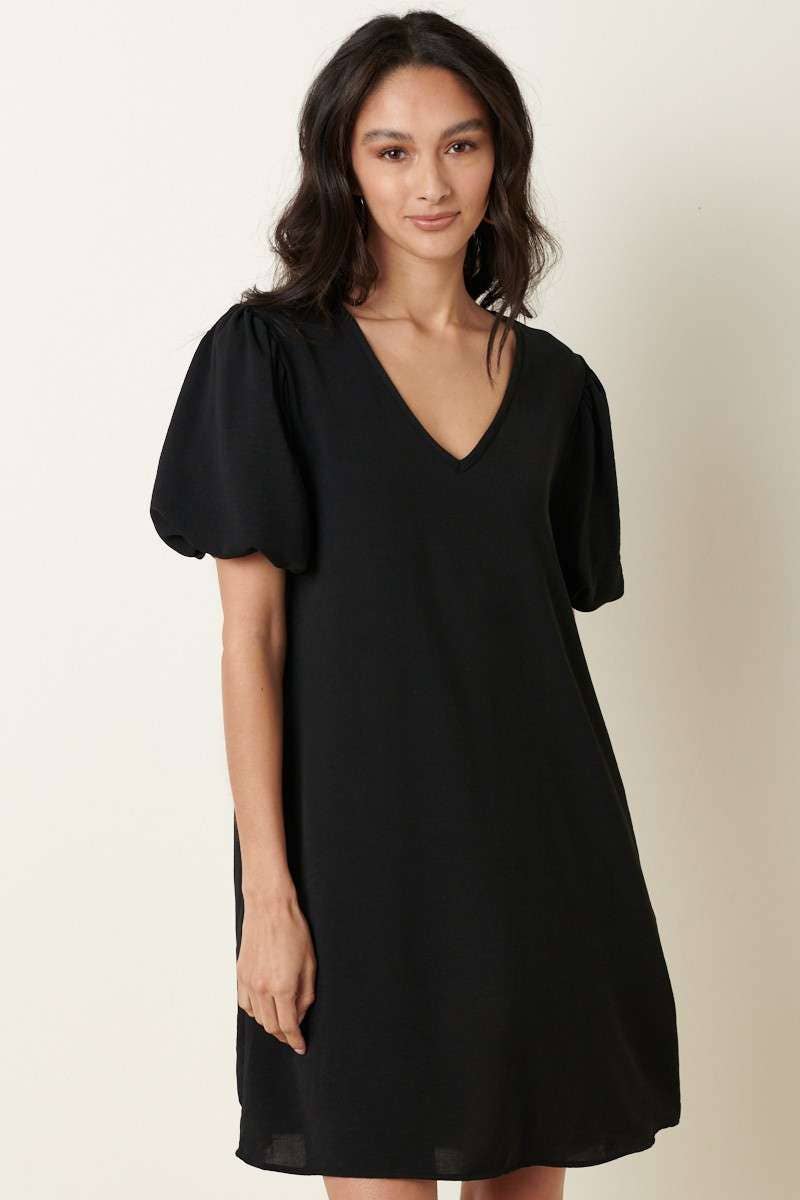 Black AIRFLOW V NECK PUFF SLEEVE MINI DRESS