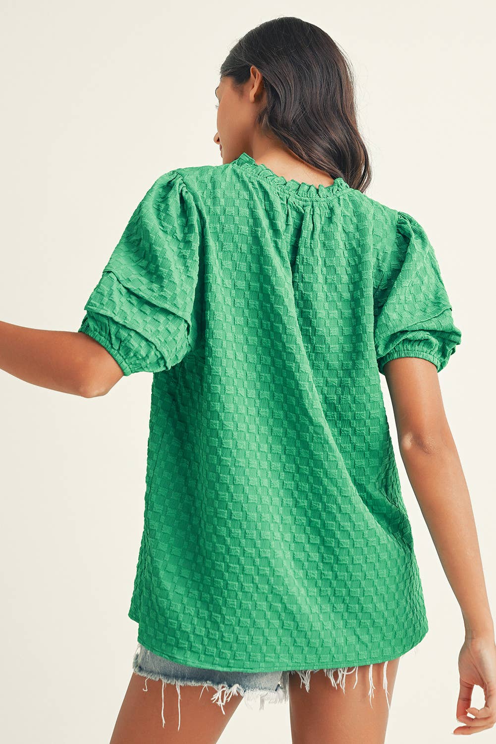 LDC Textured Puff Short Sleeve Notched V Neck Top