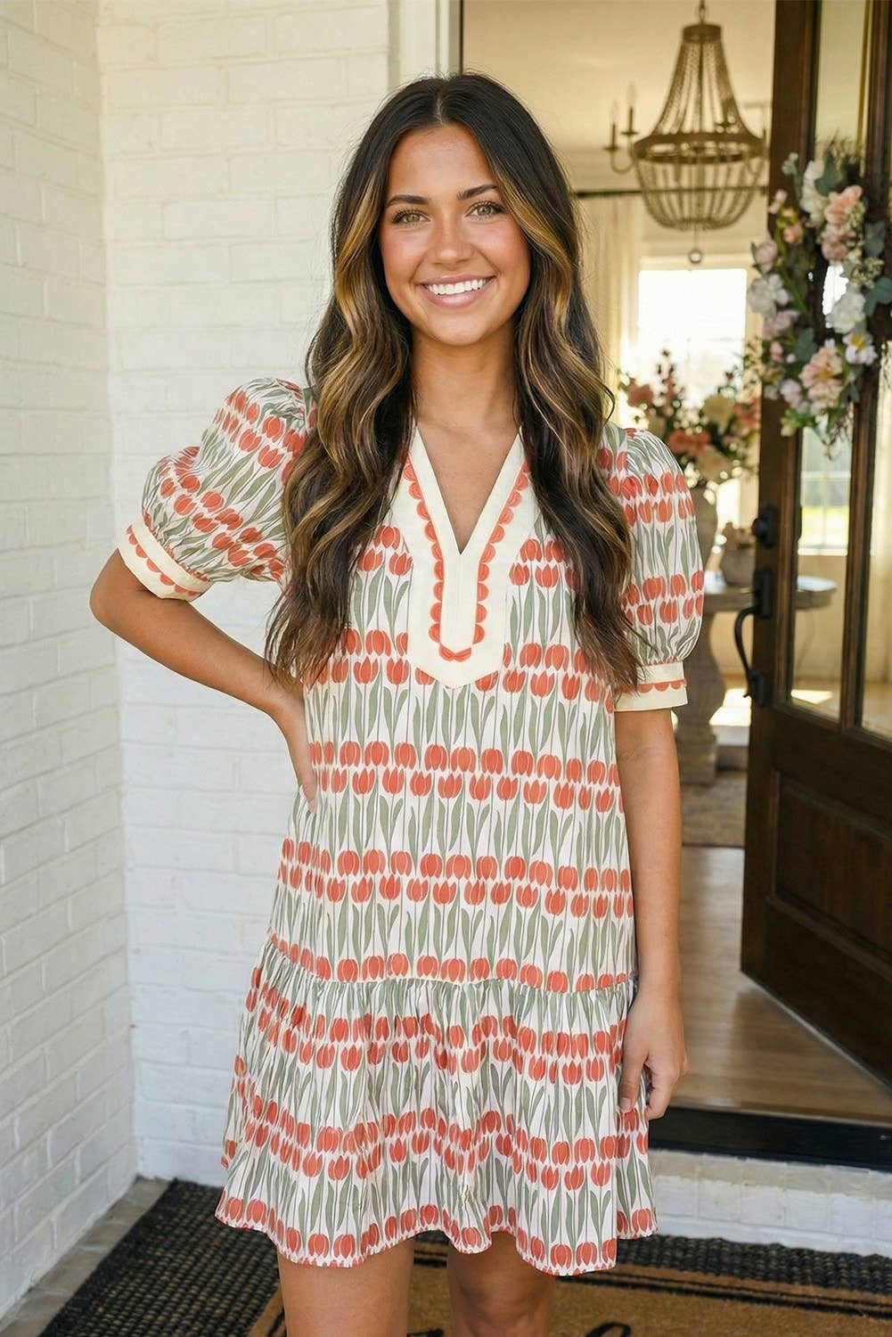 Tulip Floral Print Cotton Puff Sleeve Mini Dress