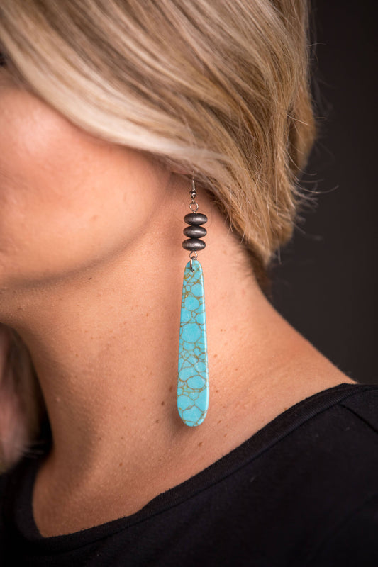 4" Turquoise Slab Earring on Fishhook with Faux Navajo Pearl