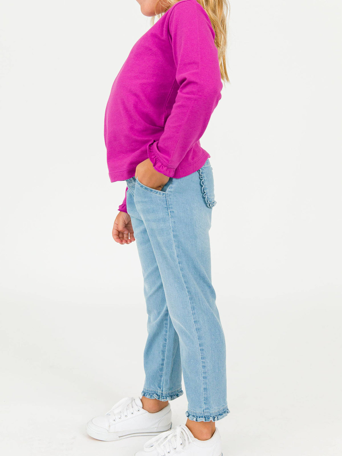 Girls Light Wash Stretch Denim Ruffle Straight Jeans