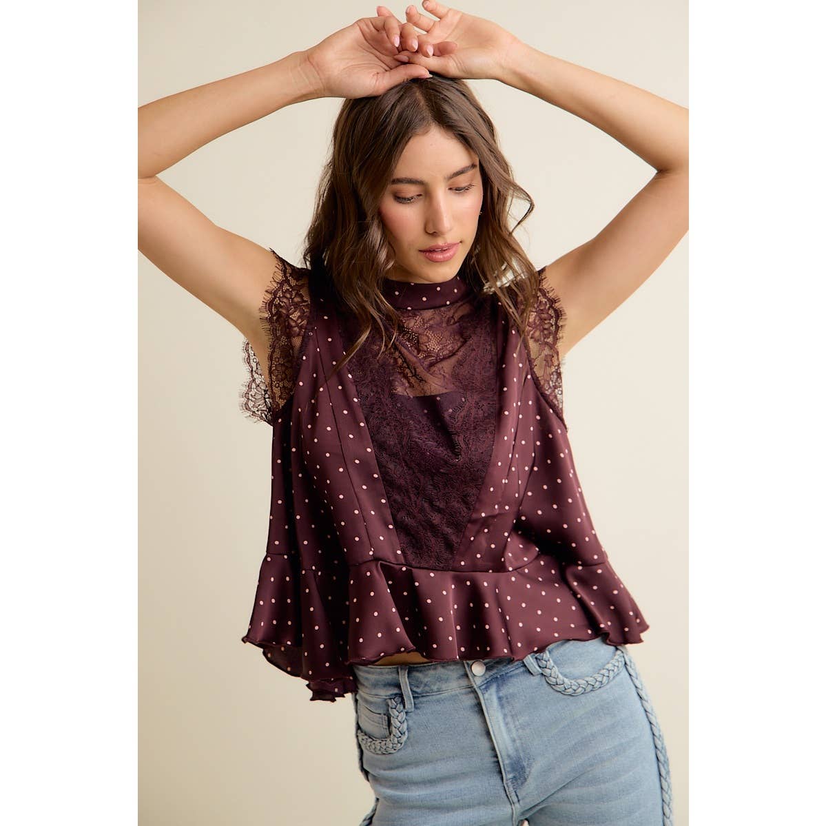 POLKA DOT SATIN LACE TRIM RUFFLED HIGH NECK BLOUSE TOP