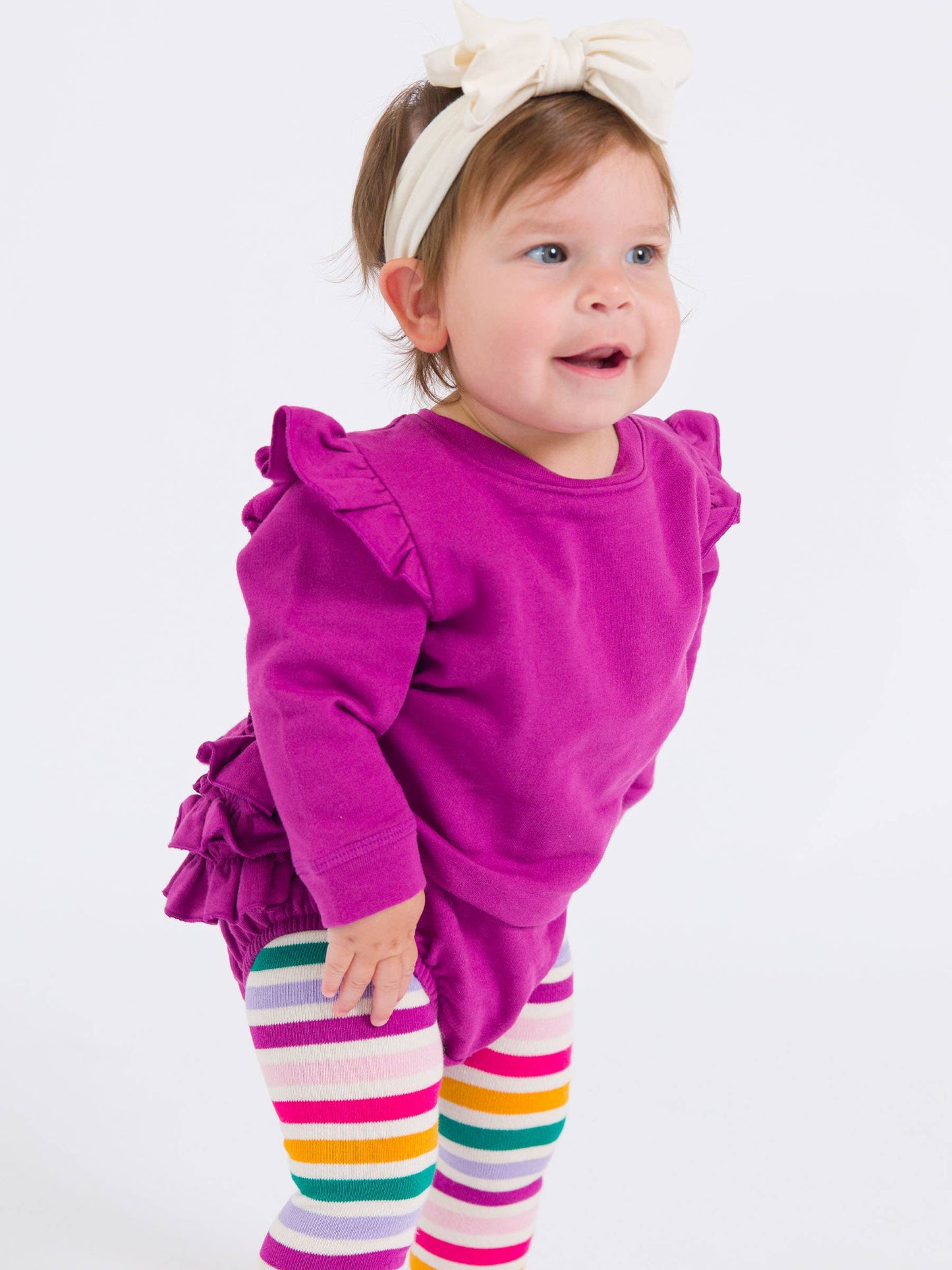Baby Girls Plum Tart Sweatshirt Bubble Romper with Signature Rear Ruffles